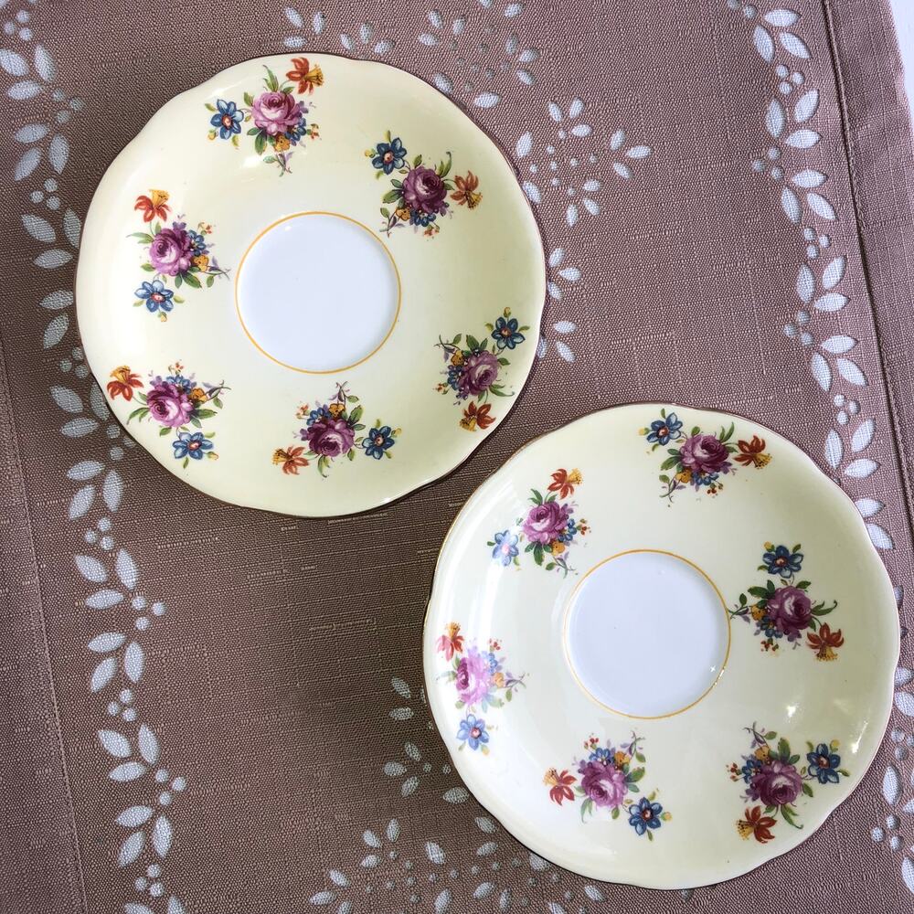 Aynsley Vintage Cream Bone China Floral Print Gold Trim Saucers Set of 2